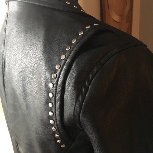 Miss Selfridge Women’s Black Faux Leather Moto Jacket Size 10 Studded Biker - Picture 2 of 5